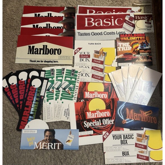 Lot Of Vtg 90’s Cigarette Advertisements Marlboro Basic Merit Rare Decals Signs